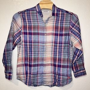 Tommy Bahama 100% Linen Button-Down Shirt Plaid Blue Salmon White Size Large